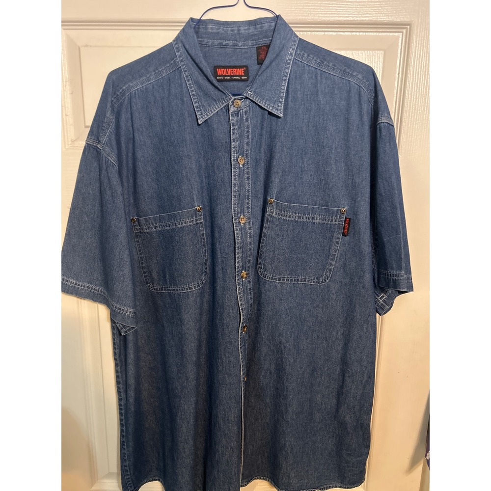 Wolverine Denim Shirt Mens XXL Short Sleeve‎ Button Up Workwear Pockets Blue